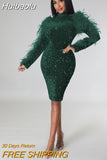 Huibaolu Women Sequined Fur Splicing Long Sleeve Cutout Backless Bodycon Midi Dress 2023 Evening Sexy Party Club Prom Dresses