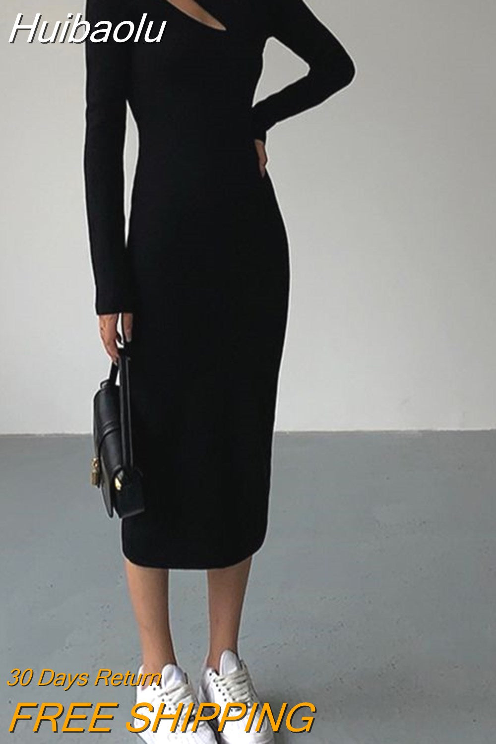 Huibaolu Turtleneck Knitted Dress Black Slim Women Minimalist Elegant Long Sleeve Midi Dress Party Office Bodycon Vestidos O146