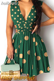 huibaolu Waist Plunge Polkadot Print Dress Women Summer Dress