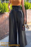 huibaolu Waist Wide Leg PU Leather Zipper Design Pants