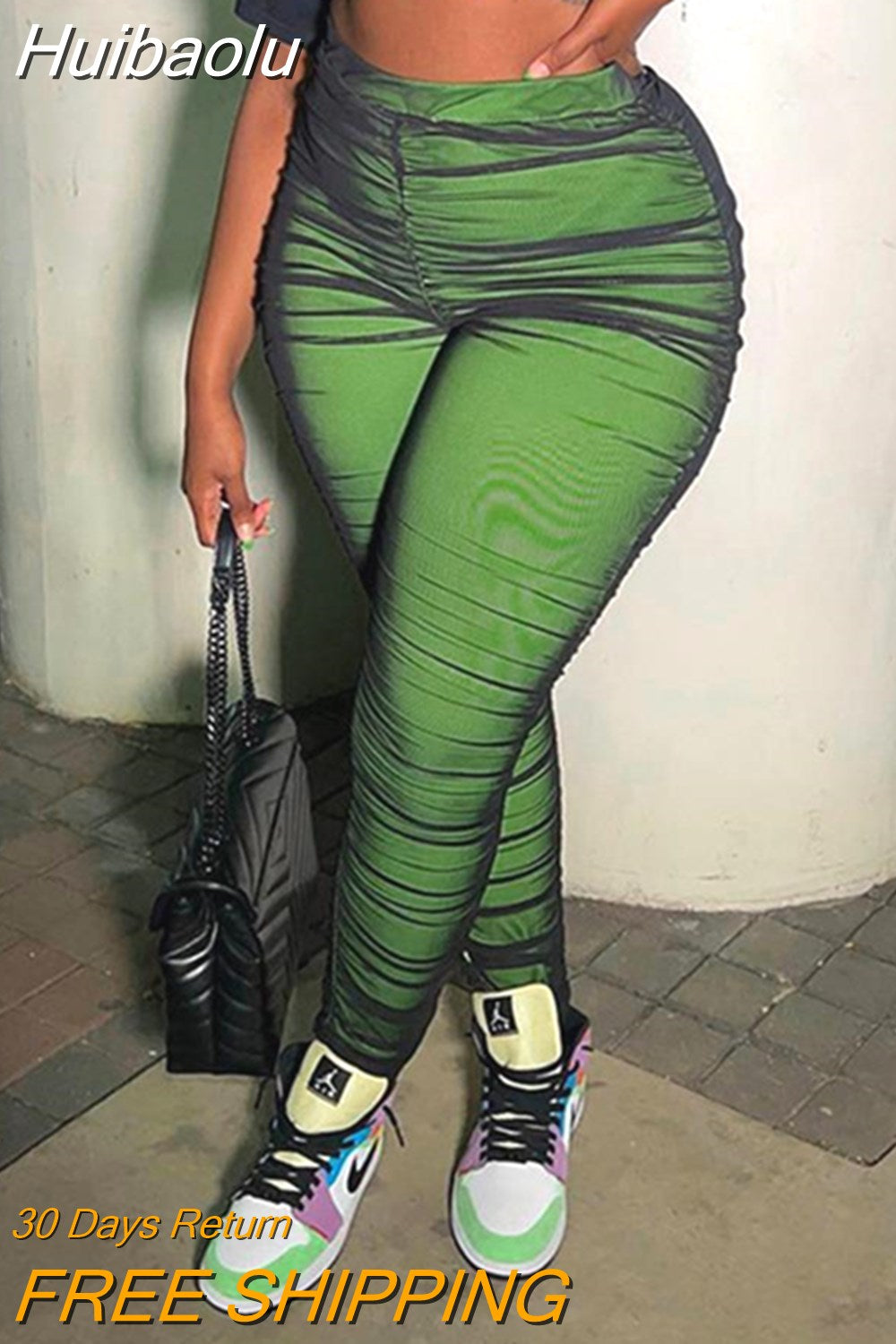 Huibaolu Autumn Streetwear Skinny Pants Women 2023 High Waist Casual Elastic Patchwork Ruched Green Pants Fashion Trousers Women