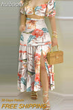 huibaolu Print O-Ring Crop Tops & Frill Hem Shirred Slit Maxi Skirt Set Women Two Piece Set
