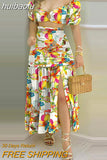 huibaolu Print O-Ring Crop Tops & Frill Hem Shirred Slit Maxi Skirt Set Women Two Piece Set