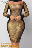 Huibaolu Women Sexy Night Party Long Sleeve Patchwork Bodycon Midi Dress