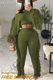 Huibaolu Ribbed Women Two 2 Piece Set Outfits Winter Fall Tassel Long Sleeve Sweaters and Tassel Pants Set Tracksuit Sweatsuit