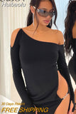 Huibaolu Cut Out Off Shoulder Long Sleeve Mini Bodycon Dress Women Summer Sexy Skinny Party Dresses Clubwear Black