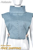 Huibaolu Summer Solid Faux Denim Top For Women Blue O Neck Hollou Out Crop Tops Fashion Party Jackets Vest New In Outerwears Coats