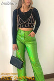 huibahe Glitter Shiny PU Leather Women Pant Green Sexy Bodycon Party Night Outfits Female Winter Slim Fashion Streetwear 2023