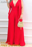 huibaolu V-Neck Pleated Wide Leg Jumpsuit