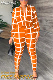 Huibaolu Chic Plaid Women Legging Pants Suit and Long Sleeve Blazer Strapless Crop Top Casual Three 3 Piece Set Outfits Tracksuit