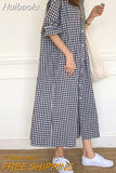 Huibaolu Women Summer Sundress Elegant Long Shirt Dress Lapel Neck Short Sleeve Plaid Work Dress Casual Maxi Dress Beach Ropa Mujer