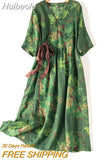 Huibaolu Floral Print Vintage Linen Cotton Lace Up Women's Dress V-Neck Half Sleeve A-Line Mid-Calf Party Dresses For Women 2023
