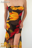 huibahe Chiffon Print Sexy Backless Women Summer Dress Spaghetti Strap See Through Dress Female Slim Vacation Outside Beachwear