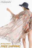 Huibaolu Printed Fringed Three Quarter Sleeve Plus Size Long Kimono Cardigan Beach Wear Clothers Women Tops and Blouses A383