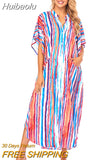 Huibaolu Causal Striped V-neck Button Front Open Summer Beach Dress Blue Tunic Women Plus Size Clothes Maxi Dresses Q1097