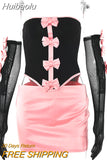 Huibaolu Sexy Strapless Bows Dress Suits Women 2/Two Piece Set Black Mesh Gloves Tops Pink Skirts Ladies Skinny Fashion Summer Set
