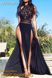 Huibaolu Party Evening Maxi Dresses for Women 2023 See Through High Split Red Lace Dress Sexy Backless Summer Long Black Dress