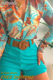 huibaolu Tropical Print Long Sleeve Tie Front Crop Tops &amp; Shorts Set with Belt Women Two Piece Set