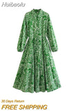 Huibaolu TRAF Summer Fashion Green Printed Women Casual Shirt Robe Dress With Belt Wrist Sleeve High Waist Female Midi Dress