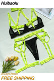 Huibaolu Female Lingerie Porn Sexy Costume Hollow Out Bandage Halter Bra Thongs With Belt Stocking Neon You Can See Underwear