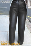 Huibaolu Women Faux Leather Pu Pants Winter Spring Black High Waist Fashion Straight Trousers