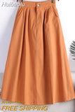 Huibaolu Cotton Elastic Waist A-line Solid Casual Loose Women's Skirt Korean Fashion Mid-Calf Long Skirts For Women 2023 Summer