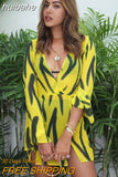 huibahe Summer Print Vacation Women Dress Yellow Long Sleeve Single Breasted Mini Dresses Female Casual Sexy Slit Beachwear 2023