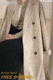 Huibaolu Women Double Breasted Loose Woolen Coat Lapel Collar Long Sleeves Solid Women's Casual Oversize Autumn Winter Coat