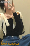 huibaolu Women Golden Velvet Black Off Shoulder Long Sleeve Slim Autumn Fashion Slash Neck Vintage Bow Solid Elegant Design Chic