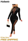 Huibaolu Mesh Patchwork Lace Up Turtleneck Bodycon Elastic Jumpsuit Women Sexy Club Night Party One Piece Overall Romper 2023