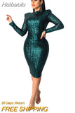 Huibaolu Spring Winter Dress Women Sequined Sexy Full Sleeve Bodycon O-Neck Night Club Party Street Bandage Midi Pencil Dresses