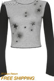 Huibaolu Star Graphic Print Vintage Crop Top Long Sleeve T Shirt Women Grey Patchwork Pullovers Autumn Casual Basic Cotton Tee