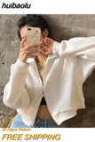 huibaolu Women Zipper Turn-down Collar Solid Cropped Loose Streetwear Harajuku Casual All-match Stylish Female Vintage Cozy