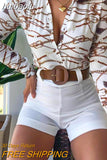 huibaolu Tropical Print Long Sleeve Tie Front Crop Tops &amp; Shorts Set with Belt Women Two Piece Set