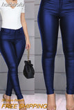 huibaolu Buttoned Casual Coated PU Pants Women Skinny Pencil Pants