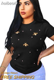 huibaolu Beaded Detail Short Sleeve T-Shirt Women Round Neck Casual Tshirt Ladies Butterfly Tee Tops