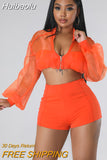 Huibaolu Fashion Women's Set Zipper Fly See Though Oganza Crop Top and Shorts Suit 2023 Street Two 2 Piece Set Outfit Tracksuit