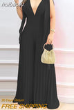 huibaolu V-Neck Pleated Wide Leg Jumpsuit