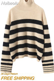 Huibaolu Women Turtleneck Sweater Long Sleeve Top Knitted Stripe Warm Pullover Ladies Vintage Classic Oversize Sweaters for Women
