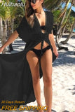 Huibaolu Sexy Hollow Out White Summer Dress Beach Tunic Women Beachwear Long Sleeve Front Open Self Belted Maxi Dresses Q964