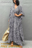 Huibaolu Leopard Self Belted Side Split Summer Beach Dress Long Tunic Women Clothes Plus Size Beachwear Maxi Dress Q1226