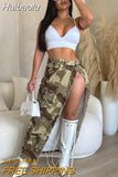 Huibaolu Women Fashion Camouflage Button Waist High Side Slit Slim Maxi Long Skirt 2023 Streetwear Female INS Classic Cargo Skirt