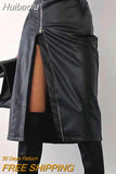 Huibaolu 2023 Autumn Winter Black Pencil Skirts Women Pu Leather Sexy High Waist Split With Belt Midi Skirt Bodycon Party