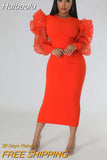 Huibaolu Women Mesh Puff Long Sleeve O-neck Bodycon Midi Maxi Long Dress 2023 Vestidos Vintage Club Evening Sexy Party Dresses