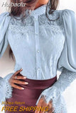 Huibaolu Collar Vinatge Lace Shirt Elegant Fashion Women Solid Hollow Elegant Blouses Long Flare Sleeve Tops Blusas Mujer New 23278