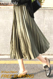 Huibaolu Golden Velvet Pleats A-line Dance Party Elastic High Waist Women's Skirt Korean Fashion Mid-Calf Long Skirts For Women