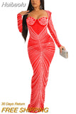 Huibaolu Hot Rhinestones Long Sleeve Party Dress Women Mesh Diamonds Strap Trumpet Maxi Dresses Sexy Evening Vestidos De Fiesta