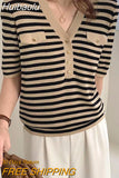 Huibaolu Neck Button Up Top 2023 Summer Striped Tshirt Women T Shirt Casual Fashion Woman Clothes Knitted Short Sleeve Tees T Shirts