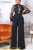 Huibaolu Women Lace Patchwork Long Sleeve Loose Straight Jumpsuit Fashion Streetwear Sexy Party One Piece Set Overall Playsuit