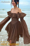 Huibaolu Elegant Chiffon Corset Dress Brown Flare Long Sleeve Mini Dresses Vacation Short Party Dress Ruffles Slash Neck Outfit